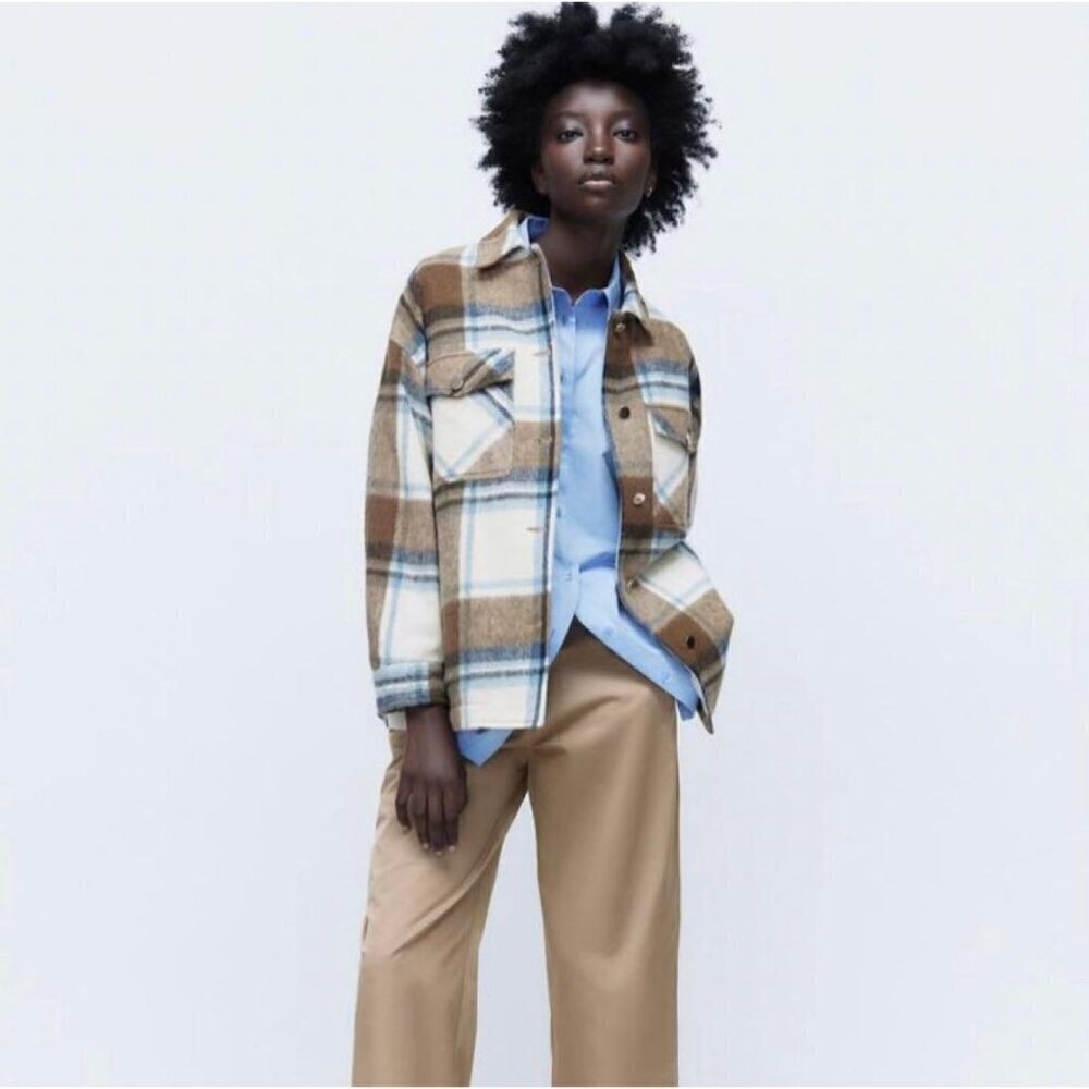 Zara Plaid Tan Blue Long Sleeve Button Front Flannel Shacket Size XS 8682/190/08